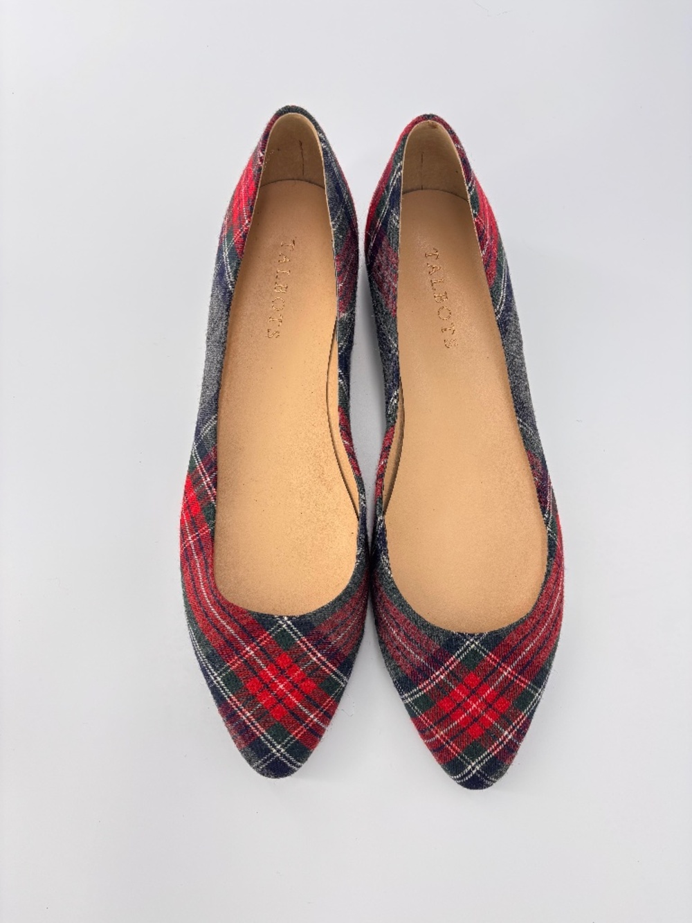 Talbots Mira Red Tartan Plaid Pointed Toe Flat | Size 9M | Leather Sole | Holida